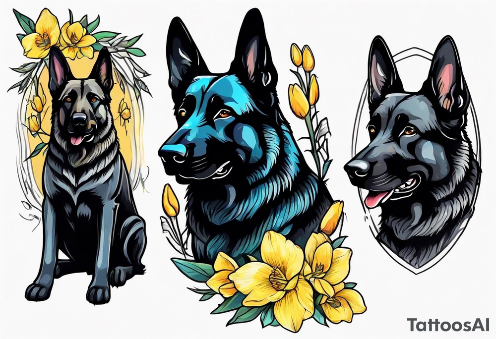 Black German shepherd portrait brightly colored with daffodils tattoo idea