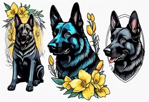 Black German shepherd portrait brightly colored with daffodils tattoo idea