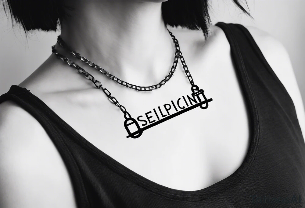 Tattoo of the word 'Self discipline' tied on both ends with metal chains and connected in the middle with a lock tattoo idea