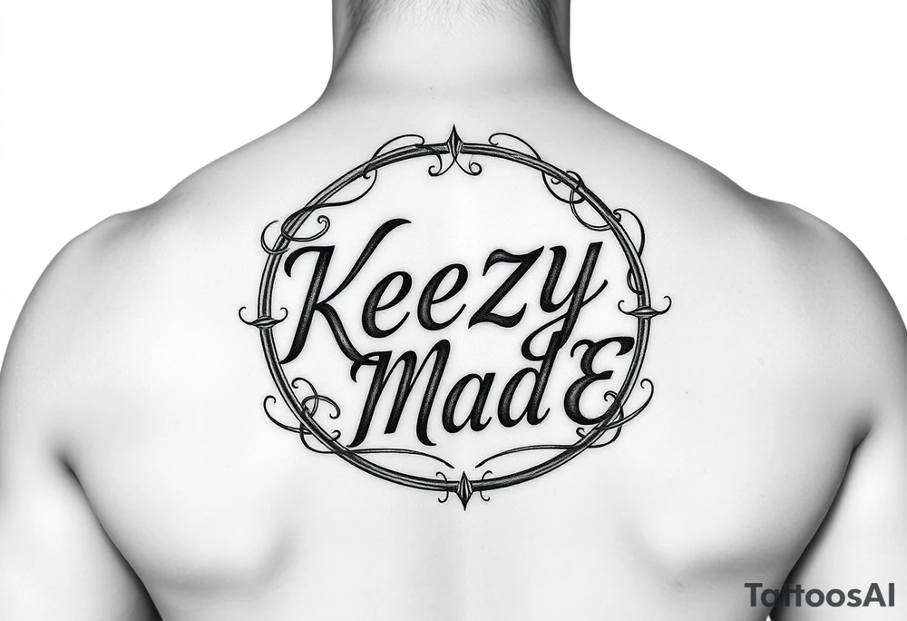 A fancy but rugged twisted and intertwined circular arched curvy lettering in a circular  that would be clothing brand style that says (KeezY MadE) tattoo idea