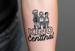 Forearm tattoo of boondocks characters standing on top of the words kino central tattoo idea