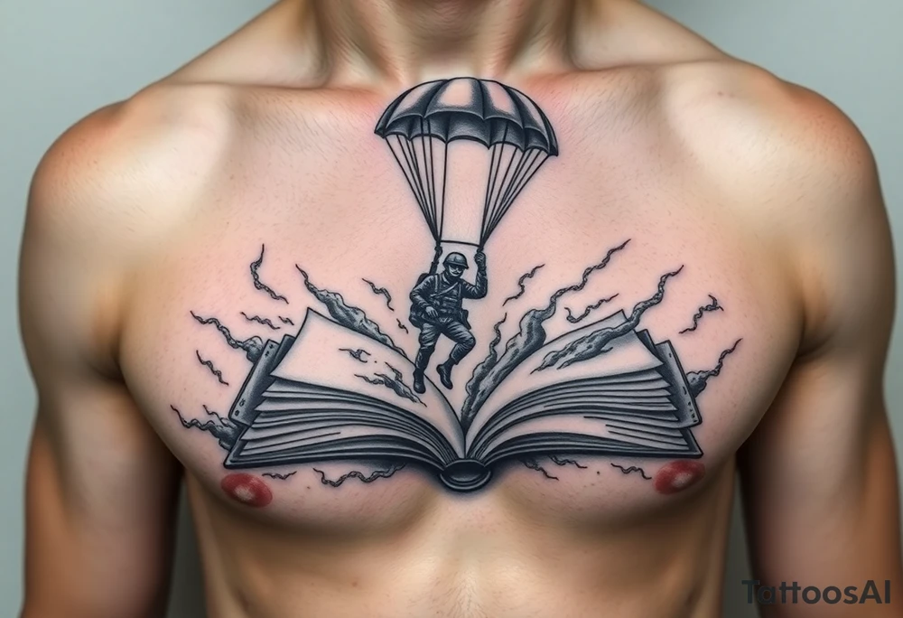 A parachuting soldier landing into an open book. Chaos surrounding, but the book is protecting the soldier from it. On the chest. Make the tattoo smaller. Make it thought provoking. Make the chaos in the environment be an eerie mist. Make the pages in the book be blank. Just one soldier, no other characters tattoo idea