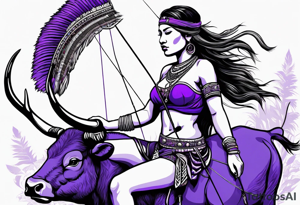 native woman female archer with bead headband sitting on a purple buffalo, show the buffalo standing still tattoo idea