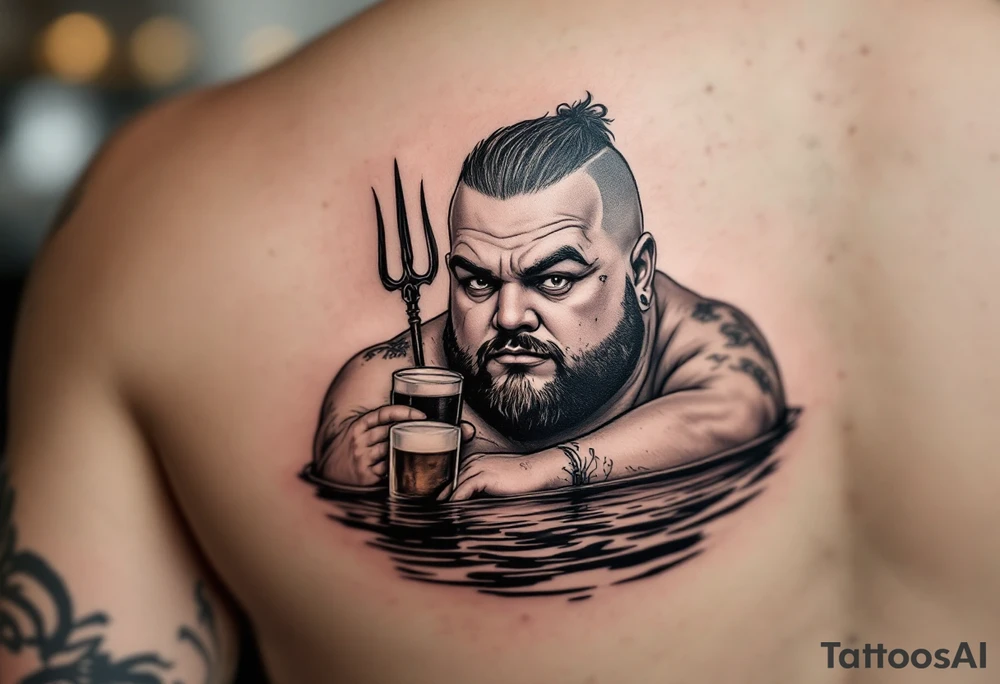 Gay fat guy, shaved face, with trident, half way in calm water, with a beer tattoo idea