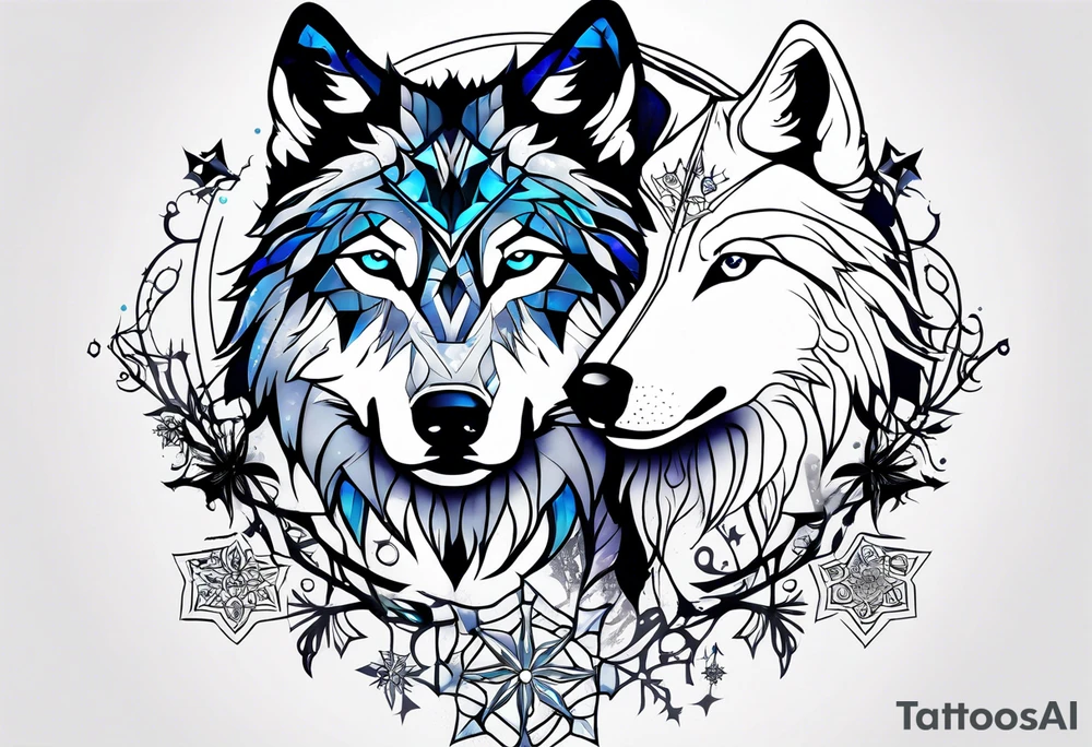 Constellation, two animal wolf, snowflake tattoo idea