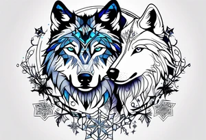 Constellation, two animal wolf, snowflake tattoo idea