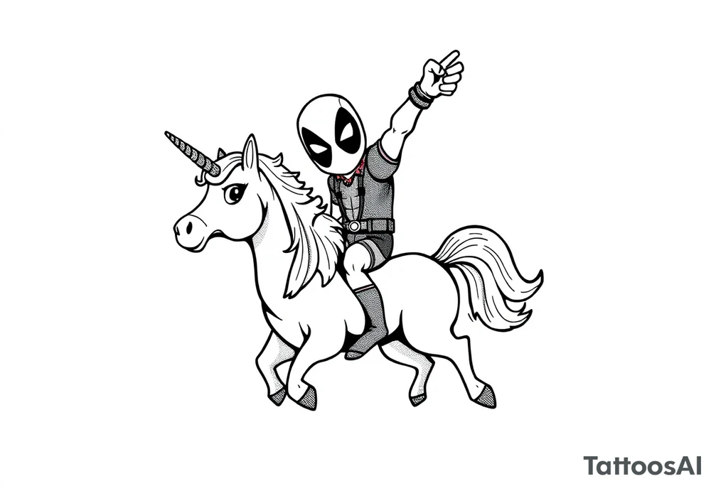 Silly glittery Deadpool riding unicorn with arm in the air tattoo idea