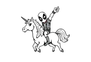 Silly glittery Deadpool riding unicorn with arm in the air tattoo idea