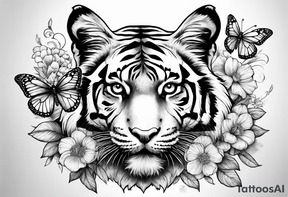 tiger, 3 buterflies, flowers for ladies thigh / hip tattoo idea