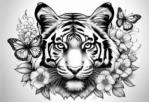 tiger, 3 buterflies, flowers for ladies thigh / hip tattoo idea