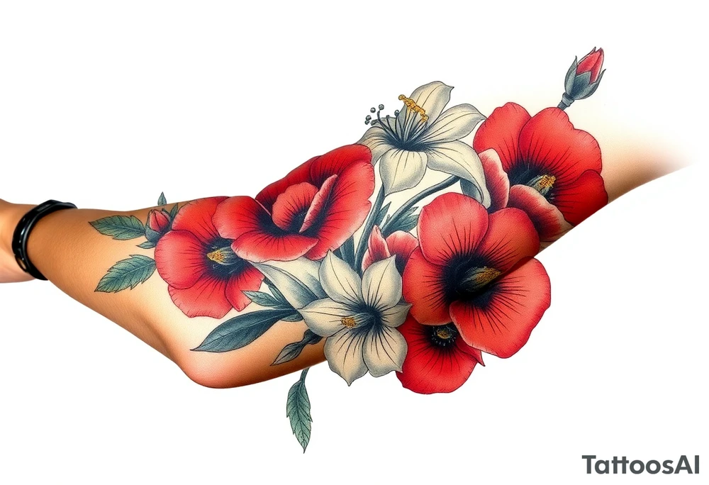 Fore arm tattoo in the neo american traditional style. I want to incorporate a few different flowers: Poppies, Morning Glory, Narcissus tattoo idea