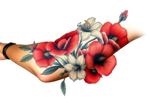 Fore arm tattoo in the neo american traditional style. I want to incorporate a few different flowers: Poppies, Morning Glory, Narcissus tattoo idea