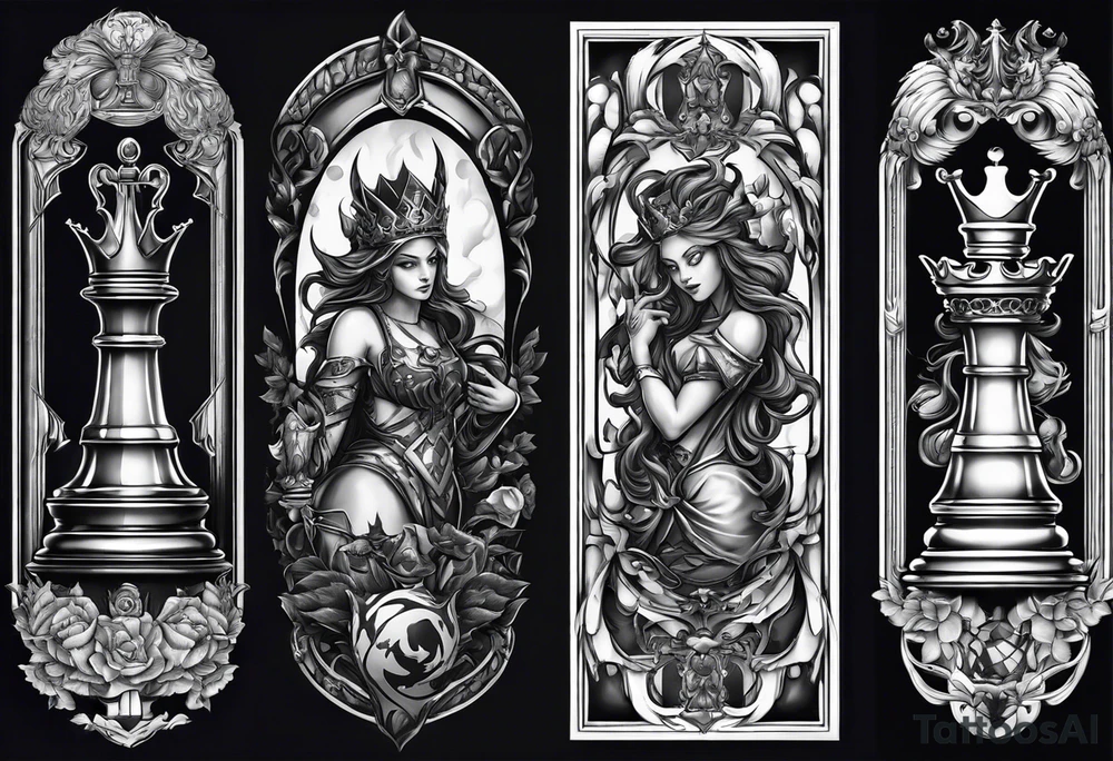 Design a leg sleeve featuring a chessboard with angelic and demonic chess pieces engaged in a strategic game, symbolizing the eternal battle between opposing forces. tattoo idea