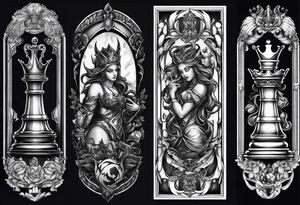 Design a leg sleeve featuring a chessboard with angelic and demonic chess pieces engaged in a strategic game, symbolizing the eternal battle between opposing forces. tattoo idea
