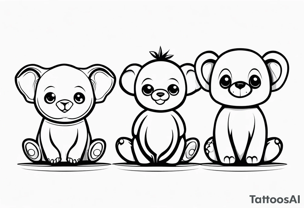 4 baby stuffy toys one is an elephant one is a monkey two are sloths tattoo idea