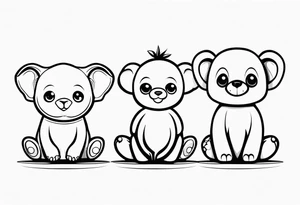 4 baby stuffy toys one is an elephant one is a monkey two are sloths tattoo idea