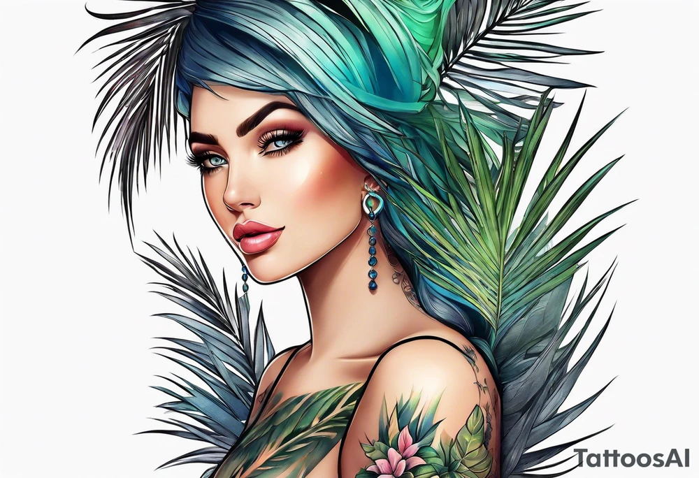 Juniper and palm tree sleeve. Female tattoo idea