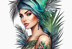 Juniper and palm tree sleeve. Female tattoo idea
