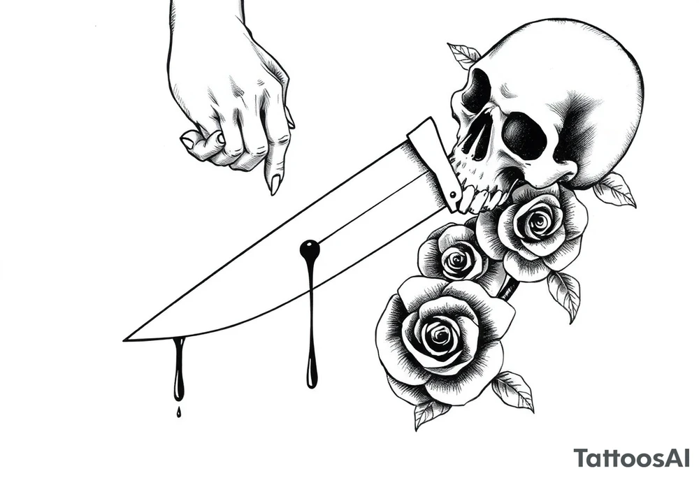 en el caos encontré mi forma favorita 
de amarte somos veneno y promesa.  Add around 

Woman’s hand reaching down grabbing blade handle, skeleton head on right under blade, rise on right under blade, blood dry from tip of blade, skeleton hand reaching for Blade tip. Just the hand and place above blade handle reaching for handle. Skull and rose underneath blade. Just the skeleton hand reaching for tip of knife which is dripping blood. tattoo idea