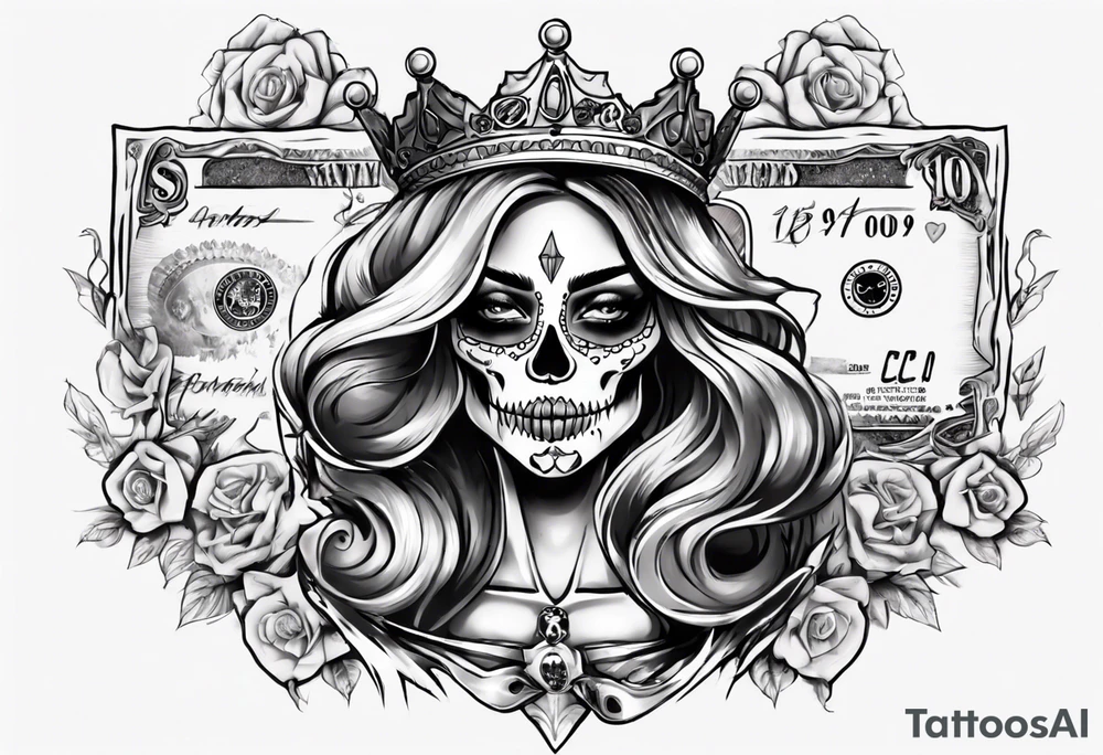 santa la muerta with money and crown
on the card tattoo idea