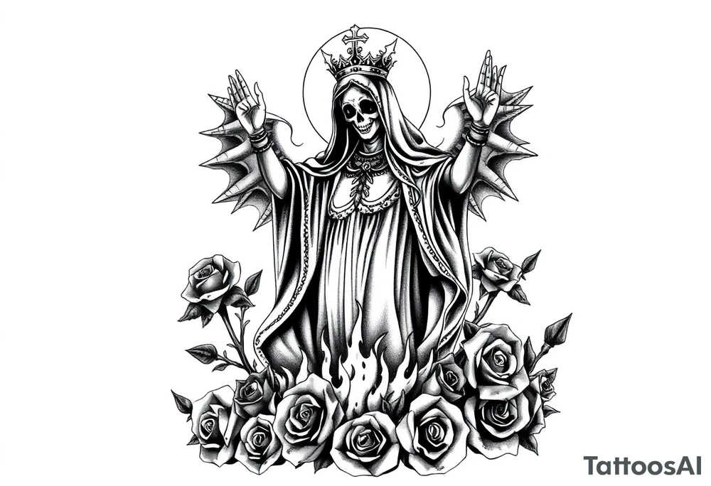 Powerful and evil Santa muerte rising from the flames and ashes of hell, surrounded by unclaimed souls and roses tattoo idea