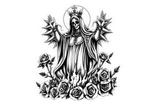 Powerful and evil Santa muerte rising from the flames and ashes of hell, surrounded by unclaimed souls and roses tattoo idea