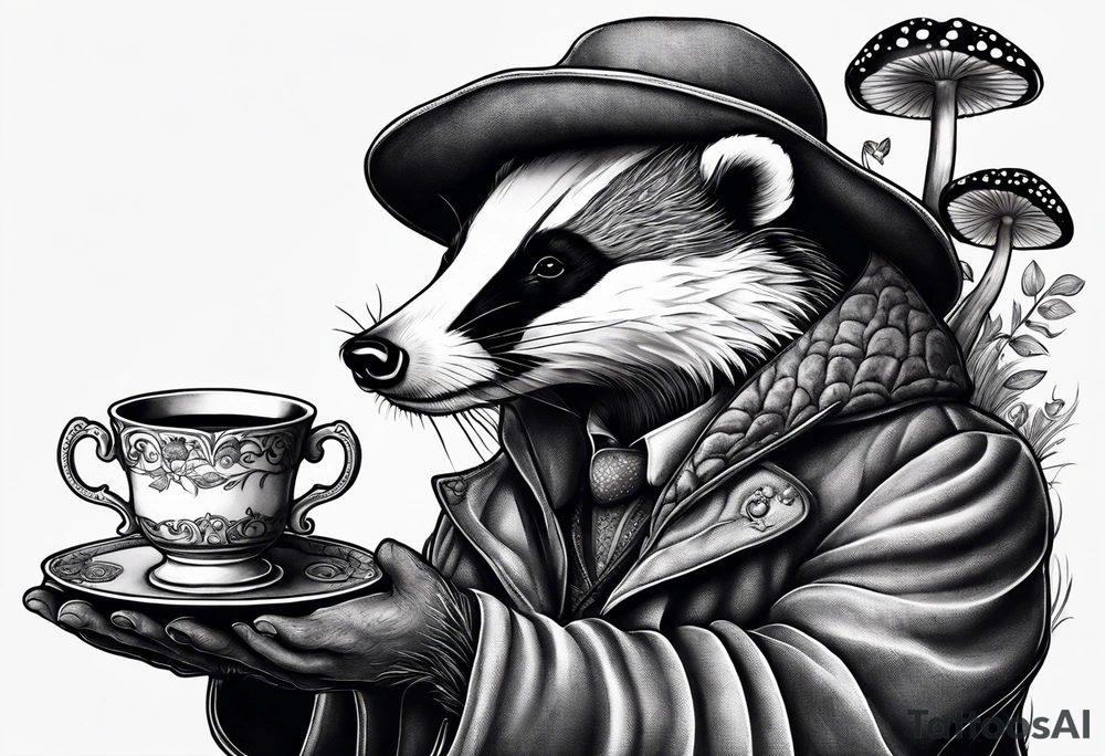 Badger in a coat with a teacup sitting on a mushroom tattoo idea