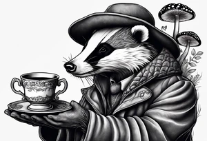 Badger in a coat with a teacup sitting on a mushroom tattoo idea