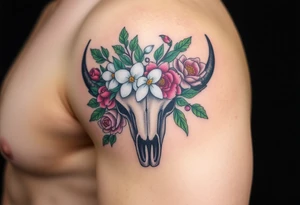 Buffalo or bison skull with flowers. Peony, snowdrop, holly with berries, larkspur, peony. Colour. For upper arm or shoulder. Masculin. tattoo idea