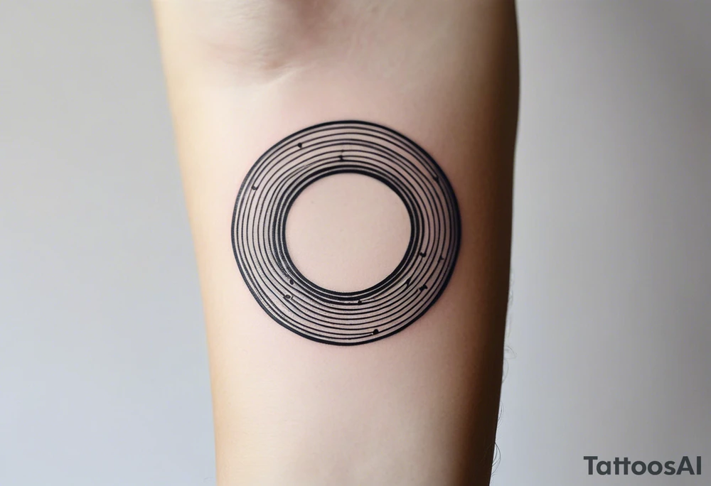 Here’s a description for the second idea:

	Minimalist black-and-white tattoo above the inner elbow, featuring two overlapping open circles, one slightly larger than the other, symbolizing the connection between a parent and child. At the point where the circles intersect, a fine lifeline begins, representing the start of their shared journey. The design uses thin, clean lines for an elegant, symbolic look that illustrates growth and unity. tattoo idea