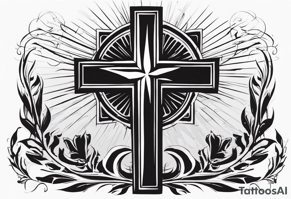 A minimalist tattoo featuring a cross rising from a dark background. The cross should be adorned with a small crown, symbolizing Christ's victory. tattoo idea