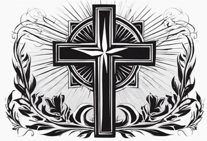 A minimalist tattoo featuring a cross rising from a dark background. The cross should be adorned with a small crown, symbolizing Christ's victory. tattoo idea