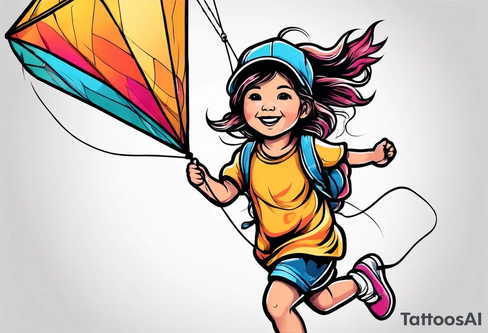 a little girl running away holding a kite tattoo idea