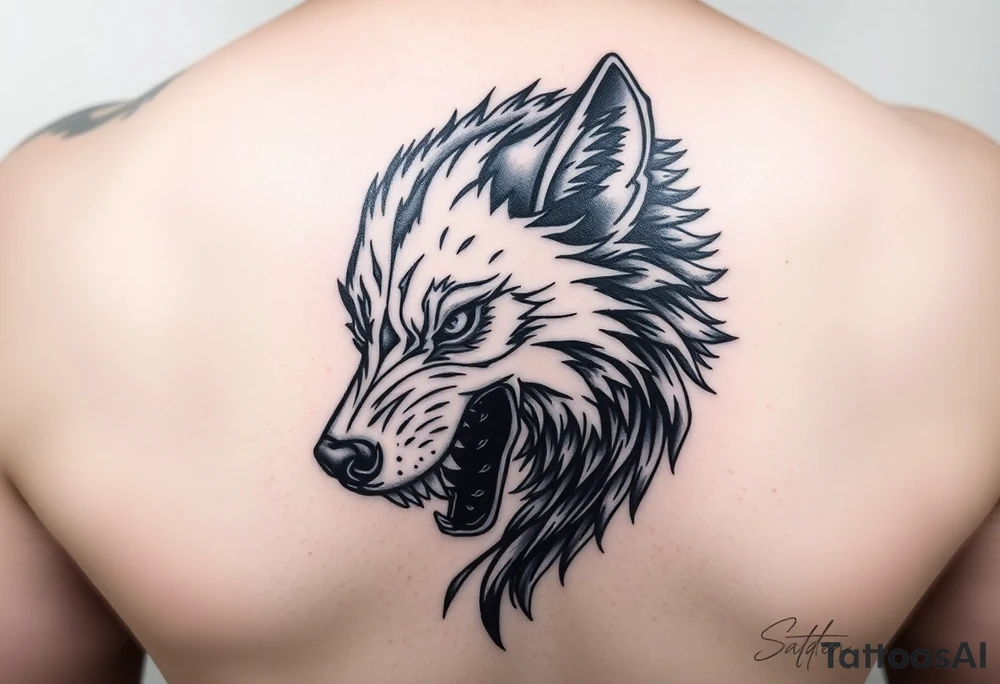 side face of wolf from hell with some tribal art around it. must be long enough to fit the outside of my forearm. tattoo idea