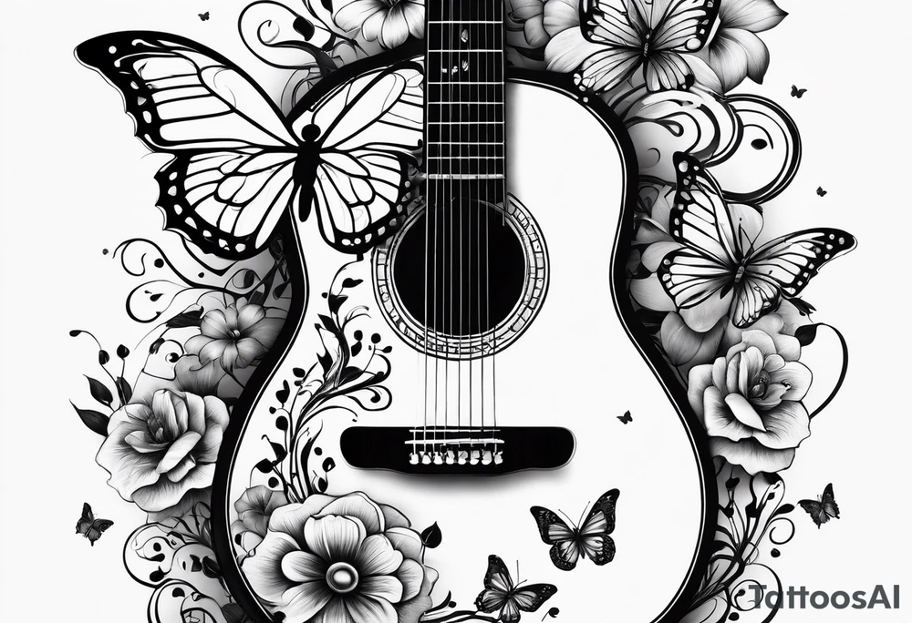 Guitar in shape of treble clef with flowers growing off the side, butterflies, small tattoo idea