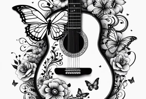 Guitar in shape of treble clef with flowers growing off the side, butterflies, small tattoo idea