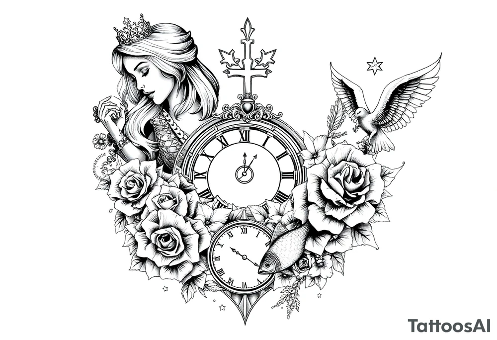 Roulette casino and princess and cross, baby angels, roses and clock and stars and fish, crown tattoo idea