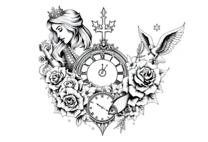 Roulette casino and princess and cross, baby angels, roses and clock and stars and fish, crown tattoo idea