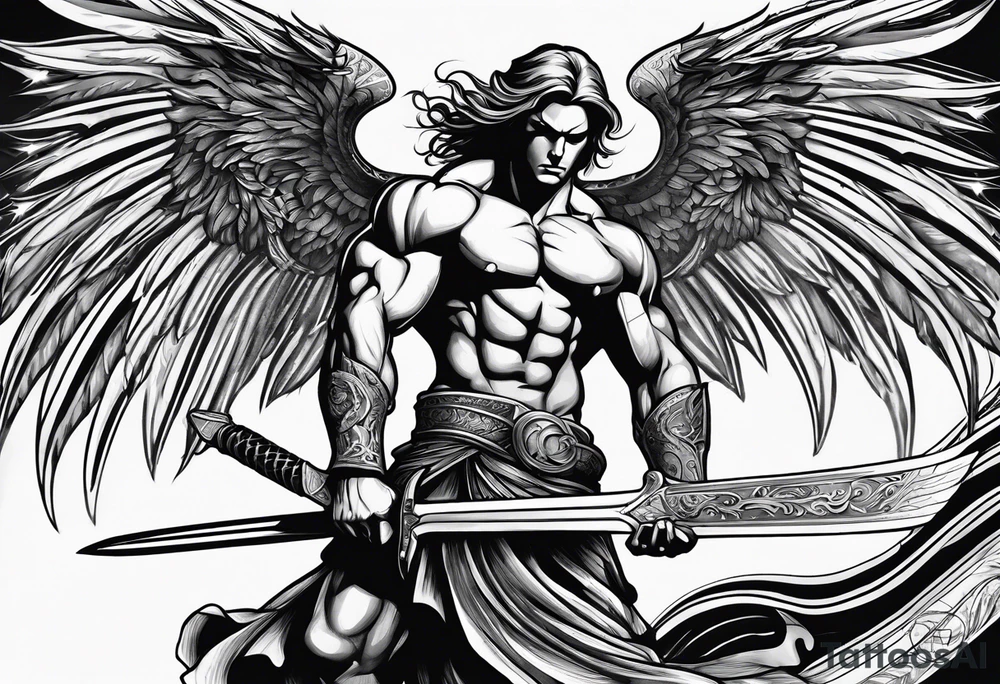 Micheal arc angel bent over pulling sword super muscular tattoo idea