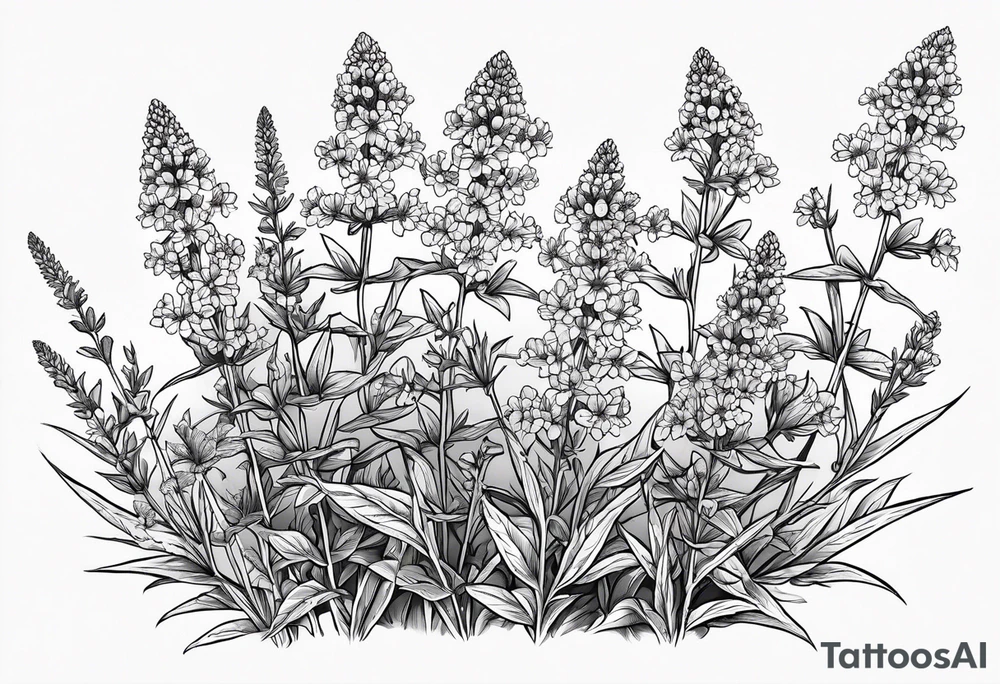 Generate a picture of Vervain (Verbena) flowers with small leaves around them. tattoo idea