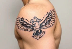 majestic eagle spreading wings against mountain peaks tattoo idea