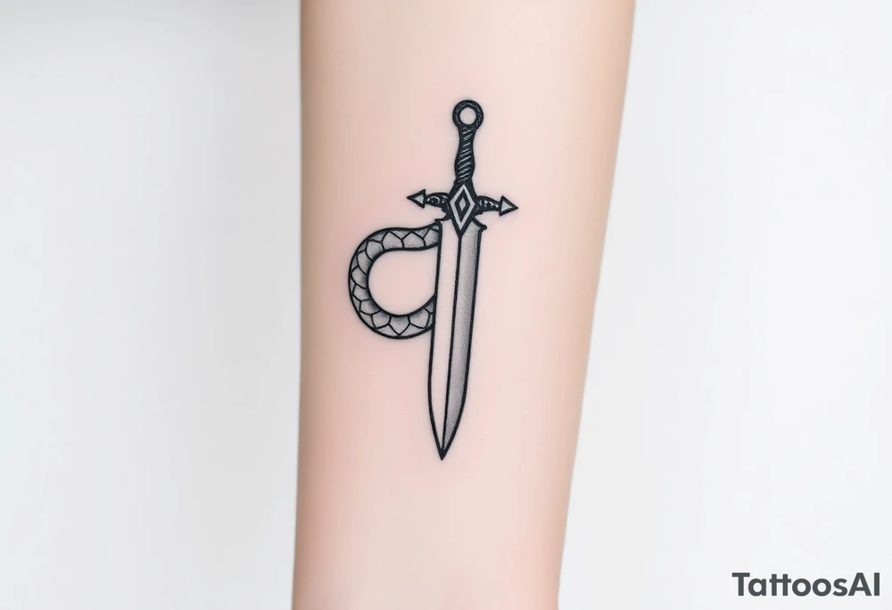 mystical snake coiled around an ancient dagger with jeweled hilt tattoo idea