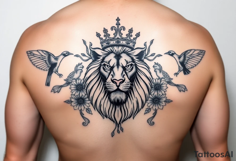 powerful majestic lion with a crown, surrounded by floral ornaments and birds tattoo idea