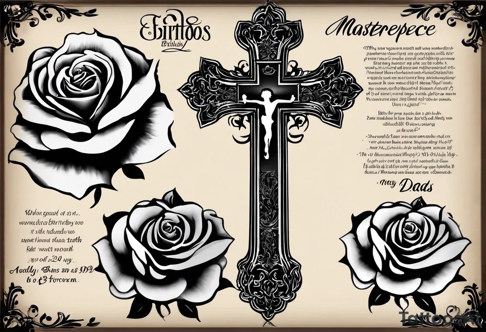 Cross that in the middle of it says “know your worth as well” and under it I would like my dads birthday the 30th of August 1966 and under that a rose and i would like it on my forearm and it must not be too big tattoo idea
