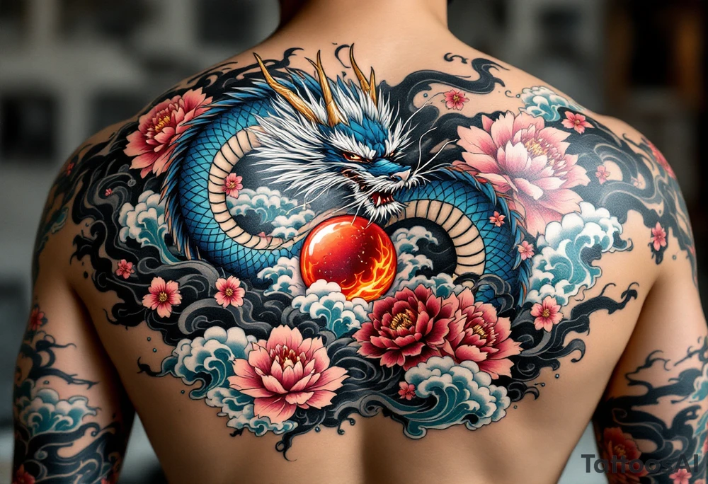 A traditional full-back irezumi tattoo featuring a majestic blue-scaled dragon with white whiskers and golden horns, coiled powerfully around a red and orange flaming pearl, surrounded by blooming pink chrysanthemums and deep red peonies, with waves of swirling black and grey wind bars, backgrounded by stormy clouds and stylized splashes of turquoise water that cascade down both arms and across the shoulders in dramatic motion. tattoo idea