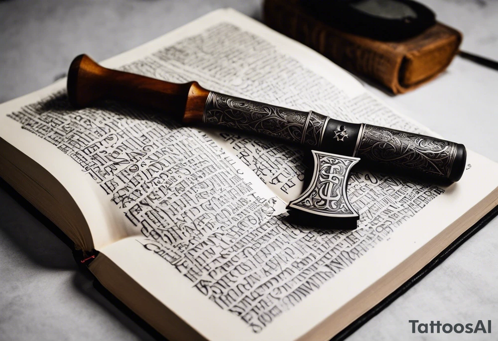 An opened bible with a battle Axe tattoo idea