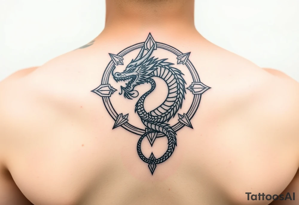 Dragon eating tail surrounded by geometric patterns tattoo idea