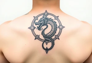 Dragon eating tail surrounded by geometric patterns tattoo idea