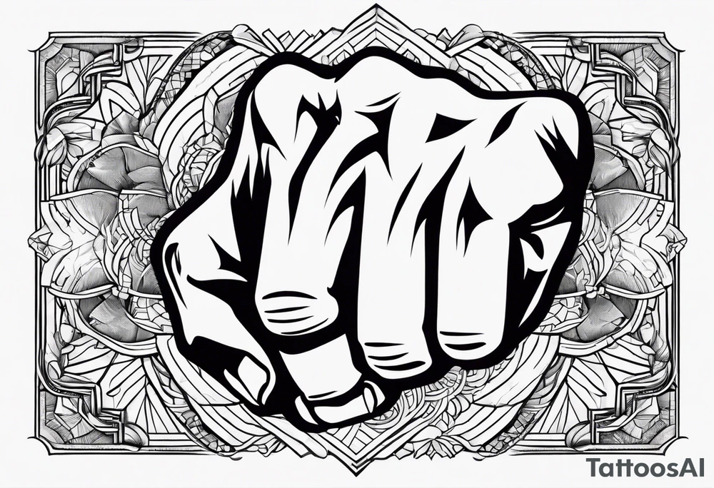A clenched fist, the hand contains five fingers as specified, the tattoo is a back tattoo using negative space drawing techniques tattoo idea
