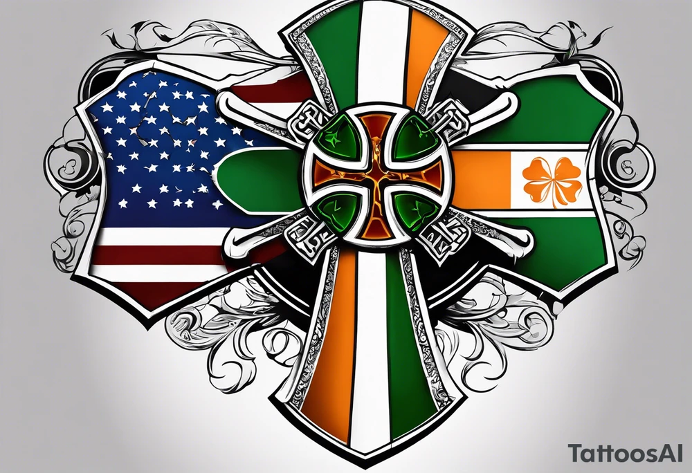 Celtics  cross with tattered anerican flag hanging over one and matching Irish flag on other tattoo idea